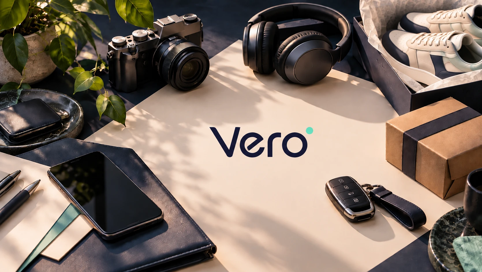 Objetos de diferentes negociações — câmera, fone, tênis, chave de carro, celular e encomenda — reunidos em torno da marca Vero, representando o universo de transações protegidas pela Vero.