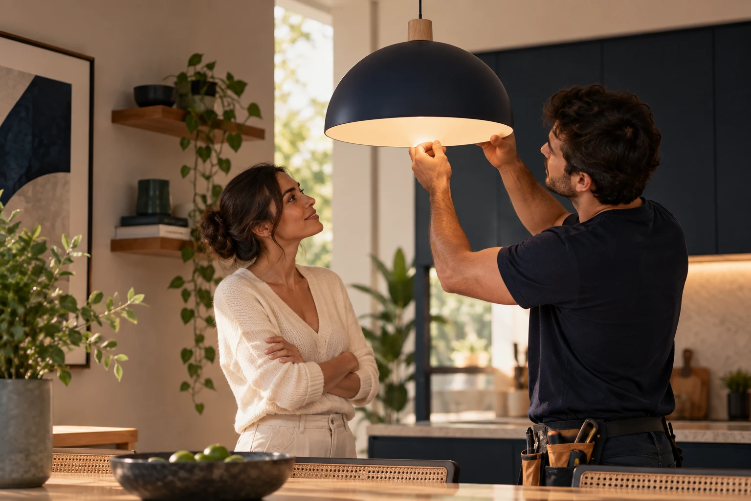 Profissional instalando uma luminária enquanto a cliente acompanha, representando um serviço contratado com pagamento protegido pela Vero.